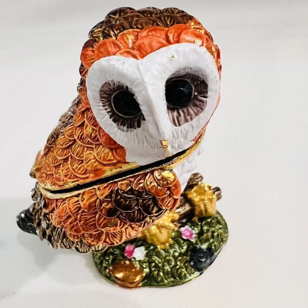 Jeweled Keepsake Enamel Wise Owl Hinged Trinket Box Floral Metalic Colorful